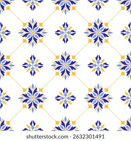 Mediterranean floral seamless pattern of blue yellow tiles. Ethnic mosaic design of Portuguese, Italian, Spanish decorative motifs. Ornament for home textile or ceramic. Vector illustration