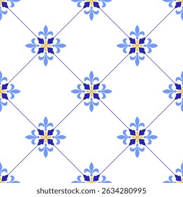 Mediterranean floral seamless pattern of blue yellow tiles. Ethnic mosaic design of Portuguese, Italian, Spanish decorative motifs. Ornament for home textile or ceramic. Vector illustration
