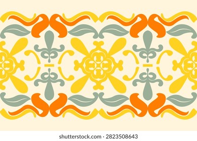 Mediterranean florals band pattern in sage green orange yellow on light beige background. Vintage scroll ornament with classic European tiles style for wallpaper textile fabric ceramic surface design