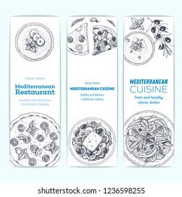 Mediterranean food banner collection. Food menu design template. Vintage hand drawn sketch, vector illustration. Engraved style illustration. Mediterranean cuisine sketch.