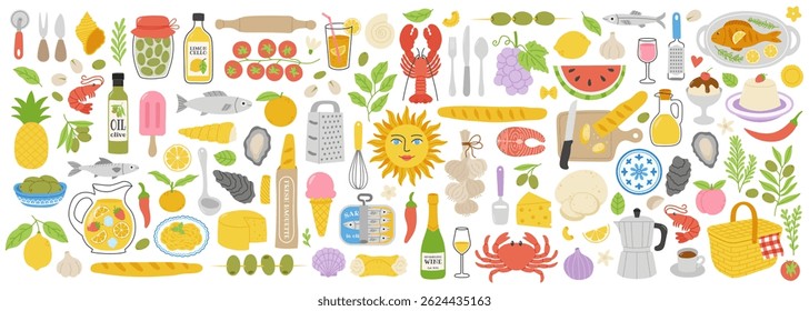 Mediterranean food and cooking ingredients collection with seafood, fruits, vegetables, cheese, wine, herbs, desserts, kitchen utensils and fresh produce in flat hand drawn style. Italian summer set