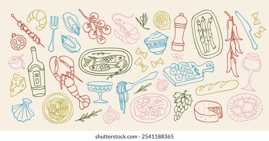 Conjunto de rabiscos de comida mediterrânea. Ícones ou símbolos com a cozinha tradicional italiana, frutos do mar, massas, legumes e vinho. Dieta saudável. Ilustração de vetor de contorno desenhada à mão isolada no plano de fundo