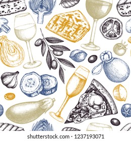 Mediterranean food and drinks background. Vector menu design. Hand drawn cheese, fruits, vegetables, wine illustrations. Vintage restaurant seamless pattern.