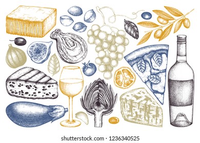 Mediterranean food and drinks sketches. Hand drawn restaurant illustrations. Vintage cheese, fruits, vegetables, wine drawings. Dairy products collection on white background.