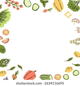 Elementos alimentares mediterrânicos fazem fronteira com legumes e ervas para decoração culinária.