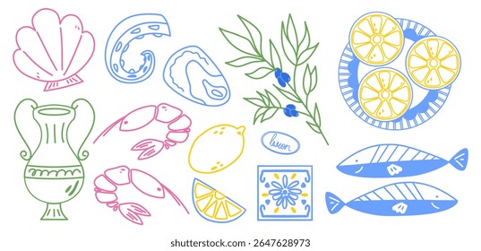 Mediterranean food and elements sketches. Hand drawn greek and italian illustrations.  Mediterranean seafood, olive oil, lemon.