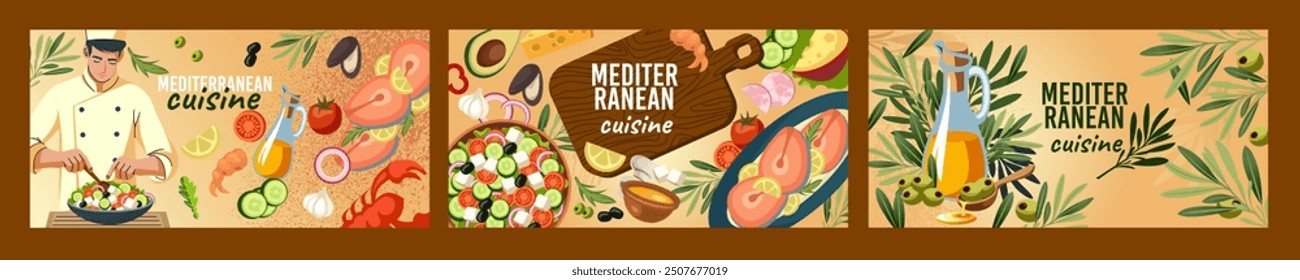 Mediterranean food. European cuisine posters. Kitchen ingredients. Greek salad cooking. Meal on table. Health menu recipe. Fresh vegetable with olive oil. Oyster eating. Vector culinary banners set