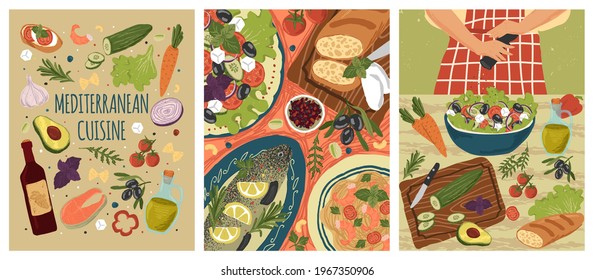 mediterrane Küche mit Fisch, Salat und Gemüse. Frauen kochen gesundes Essen mit frischen Zutaten. Vektorset mit handgezeichneten Illustrationen und Plakaten