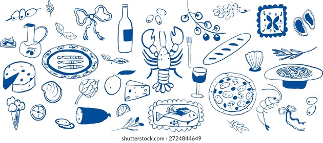 Mediterranes Essen handgezeichnete Vektorgrafiken in farbiger Kreide oder Holzkohle grober Doodle-Skizze mit Meeresfrüchten, Nudeln, Obst, Wein und Sommerelementen, inspiriert vom italienischen Küsten-Lifestyle.