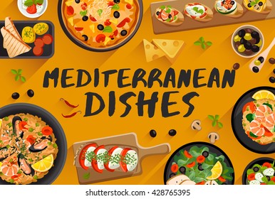 Mediterranean Food, Food Illustration In Top View, Vector Illustration