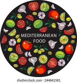 Mediterranean food: olives, limes, tomatoes, garlic on round backgroud with text