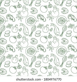 Mediterranean Food Pattern in Line art style. Mediterranean Diet. Dark green sketches of products on a white background. Vector illustration.