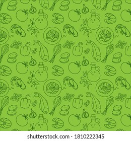 Mediterranean Food Pattern in Line art style. Mediterranean Diet. Dark green sketches of products on a Green background. Vector Illustration.