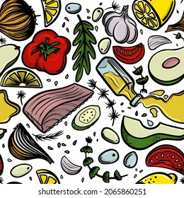 Patrón de comida mediterránea. Un conjunto de productos mediterráneos. Pescado, aceite, aguacate, cebolla, ajo, limón y tomate. boceto dibujado a mano. Ilustración vectorial. Recogida de alimentos.