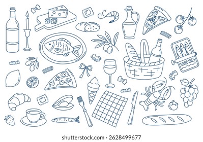 Comida mediterrânea e doodle de piquenique definido em azul. A arte desenhada à mão da cozinha italiana, francesa e marisco. La dolce vita mesa configurações, cafe e restaurante menus, marca. Vetor isolado.