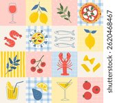 Mediterranean food seamless mosaic pattern. Hand drawn patchwork print with pizza, sardine, tomato, lobster, lemon, pasta, wine. Summer vacation gingham background, quilt pattern, checkered ornament.