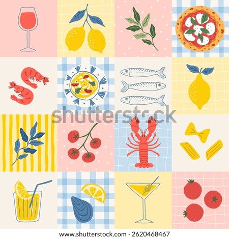 Mediterranean food seamless mosaic pattern. Hand drawn patchwork print with pizza, sardine, tomato, lobster, lemon, pasta, wine. Summer vacation gingham background, quilt pattern, checkered ornament.