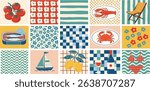 Mediterranean food seamless pattern. Cute hand drawn patchwork print with sardine, seafood, lobster, Italian tiles, checkered elements, lemon, wine, sailboat. Summer vacation mood. Vector background.