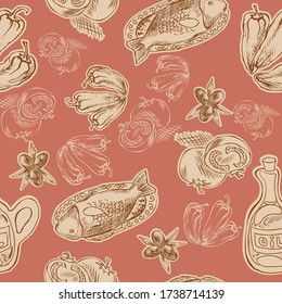 Mediterranean food seamless pattern with vegetables and fish. Healthy eating. Vintage looking hand drawn vector illustration.