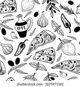Mediterranean food seamless vector pattern. Hand-drawn doodles. Fresh ingredients - olives, peppers, lemon, rosemary. Black and white concept for decoration, menu design, cafe, restaurant, bar
