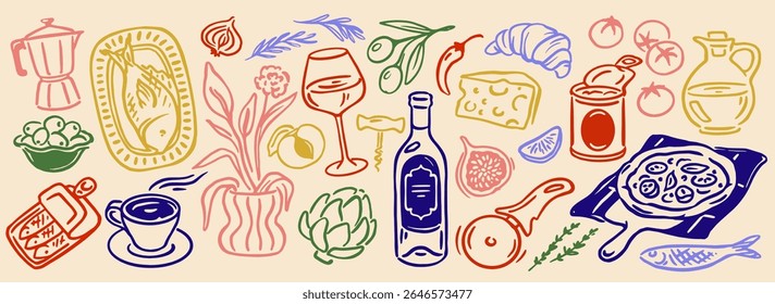 Mediterranean food set. Doodle icons with traditional Italian cuisine. Stickers with olives, pizza, wine, fish and cup of coffee. Hand drawn vector illustration collection isolated on background