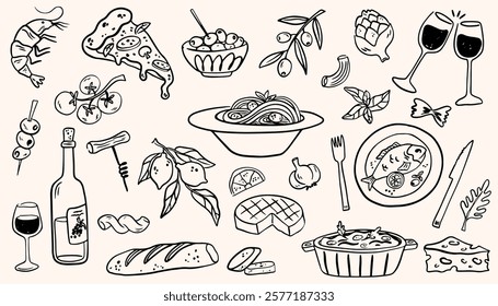 Mediterranean food set. Minimalist hand drawn food and drinks collection.  Set of doodles, rough simple Italian cuisine food sketches. Vector illustration  isolated on white background