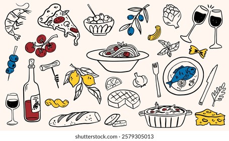 Mediterranean food set. Minimalist hand drawn food and drinks collection.  Set of doodles, rough simple Italian cuisine food sketches. Vector illustration  isolated on white background