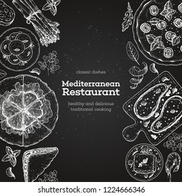 Mediterranean food. Top view frame. A set of mediterranean dishes . Food menu design template. Vintage hand drawn sketch vector illustration