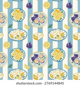 Mediterranean food vector doodle seamless striped pattern featuring cheese, figs and lemons arranged on decorative patterned plates in hand-drawn colorful naive style