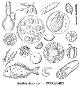 Mediterranean food. Vector illustrations. Isolated objects on a white background. Hand-drawn style.