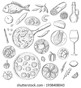 Mediterranean food. Vector illustrations. Isolated objects on a white background. Hand-drawn style.