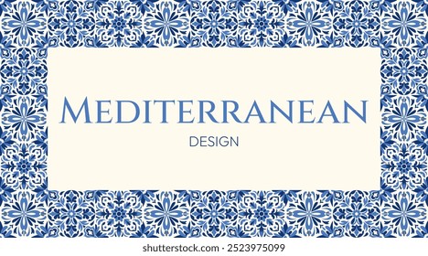 Mediterranean frame showcases beautiful navy blue floral tile patterns, perfect for invitations, menus, and wedding designs. Classic Portuguese and Moroccan ceramic styles, it's timeless and elegant.