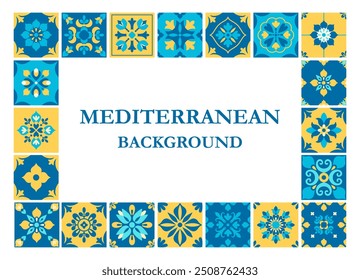 Mittelmeer-Rahmenschablone mit blauen und gelben Azulejos. Abstrakter geometrischer floraler Hintergrund, Karte, Banner, Umschlag, Flyer, Muster. Italienisch, Portugiesisch, Spanisch Mosaik. Vektorgrafik