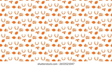 Mediterranean Fruit Seamless Pattern. Orange silhouette background with lemons, figs, and olive branches for kitchen decor, fabric, or restaurant menus.
