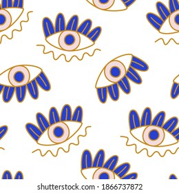 Mediterranean geometric evil eyes seamless pattern in blue, white, golden colors. Boho style, magic, occult symbol decor element. Contemporary modern trendy fabric, textile design, vector background