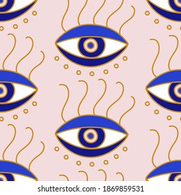 Mediterranean geometric evil eyes seamless pattern in blue, white, golden colors. Boho style, magic, occult symbol decor element. Contemporary modern trendy fabric, textile design, vector background