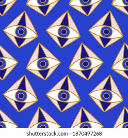 Mediterranean geometric evil eyes seamless pattern in blue, white, golden colors. Boho style, magic, occult symbol decor element. Contemporary modern trendy fabric, textile design, vector background