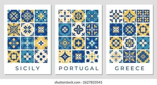 Mediterranean geometric tiles posters. Azulejo pattern, background, cover, flyer. Italian, Portuguese, Greek traditional style. Blue and yellow abstract mosaic. Damask. Interior design. Vector.