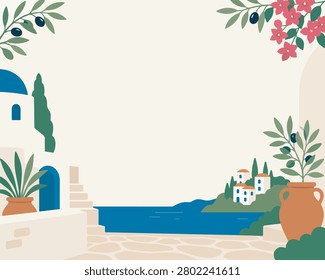 Mediterranean Greece landscape vector illustration with white houses and sea view. Beautiful Mediterranean flat vector illustration featuring traditional Greek white-washed houses with blue domes, olive tree branches, and bright pink bougainvillea flowers. A scenic coastal background shows a blue sea and a distant village on a hill, perfect for travel banners, summer postcards, and vacation-themed backgrounds.