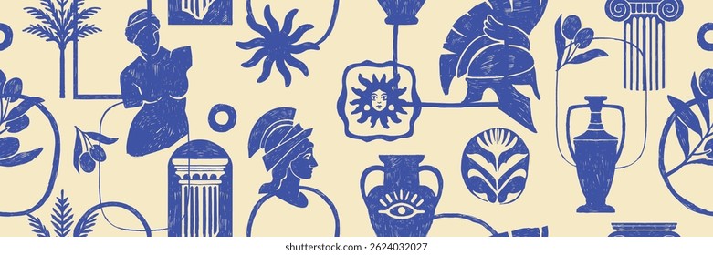 Mediterranean Greek seamless pattern, hand drawn ancient texture design, antique sculpture column. Blue abstract summer travel decoration print, old amphora silhouette, statue. Mediterranean pattern