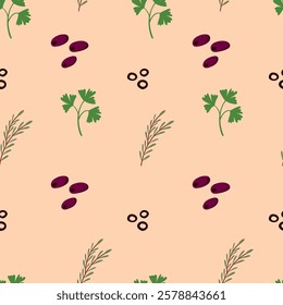 Mediterranean Herb and Olive Seamless Pattern. Elegant Hand Drawn Design with Rosemary, Parsley, and Olives on Soft Beige Background, Perfect for Textiles, Packaging, and Kitchen Decor