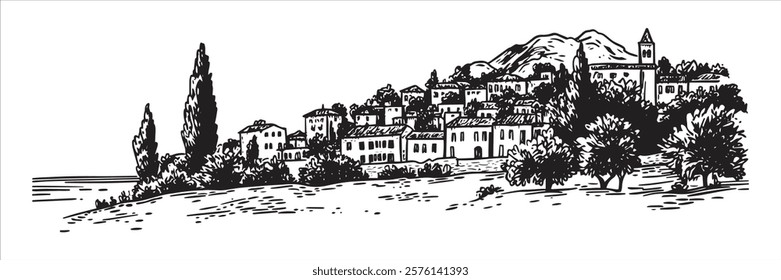 mediterranean hillside village with trees in black and white hand-drawn style