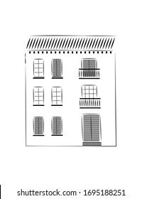 Mediterranean holiday villa, tenement B&B, hotel, residential building. Lovely minimalist illustration. Freehand sketch simple line vector drawing. Black white background. South European architecture.