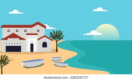 Mediterranean House with Sea View - Vector Illustration of Traditional Architecture and Coastal Landscape