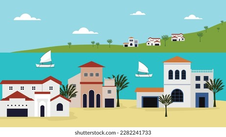 Mediterranean House with Sea View - Vector Illustration of Traditional Architecture and Coastal Landscape