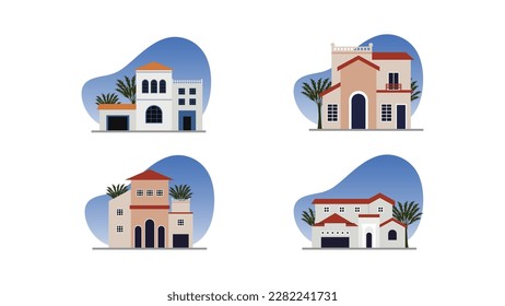 Mediterranean House Vector Illustration Set - Travel and Architecture Design with Traditional Style and Beautiful Landscape