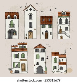 Mediterranean houses. Hand drawn doodle sketch. Vector illustration. View of old mediterranean town. Italy, Montenegro, Croatia.  svg