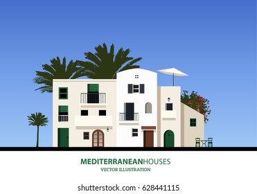 Mediterranean houses, palms and blue sky bakground. Vector illustration 