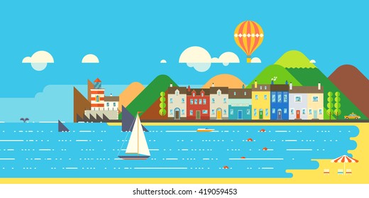 Mediterranean island. Tourist town on the island. Infographics - tourist island Mountain landscape. Ballooning. Ecological holidays. Seaport. Life on the ecological island. 