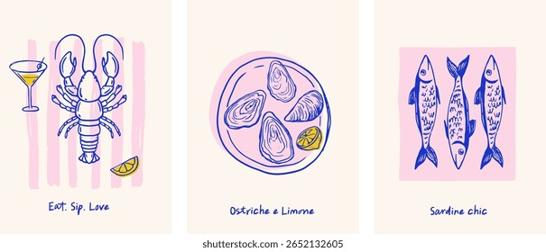 Mediterrâneo italiano frutos do mar, peixe, sardinhas, lagosta, ostras na placa, limão, projeto vetorial padrão. Cartaz, cartões, menu, fundo. Ilustrações de conceito desenhadas à mão azul e rosa